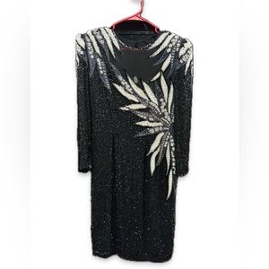 1970 Heavily Beaded Long Sleeve Black Saks Fifth Ave Cocktail Dress Size 10